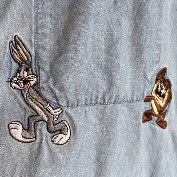 Vintage 90s Looney Tunes denim button up embroidered shirt XXL - Picture 4 of 14